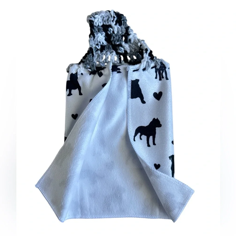 Hand Crafted Black and White Dog Pattern Pit Bull Hanging Hand Towel